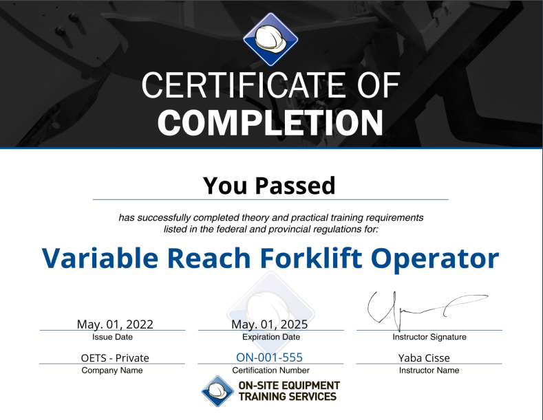 Sample variable reach forklift (telehandler) operator certificate of completion from Onsite Equipment Training Services