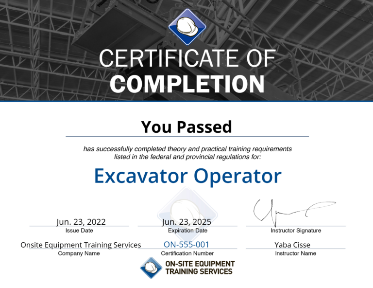 Sample excavator operator certificate of completion from Onsite Equipment Training Services