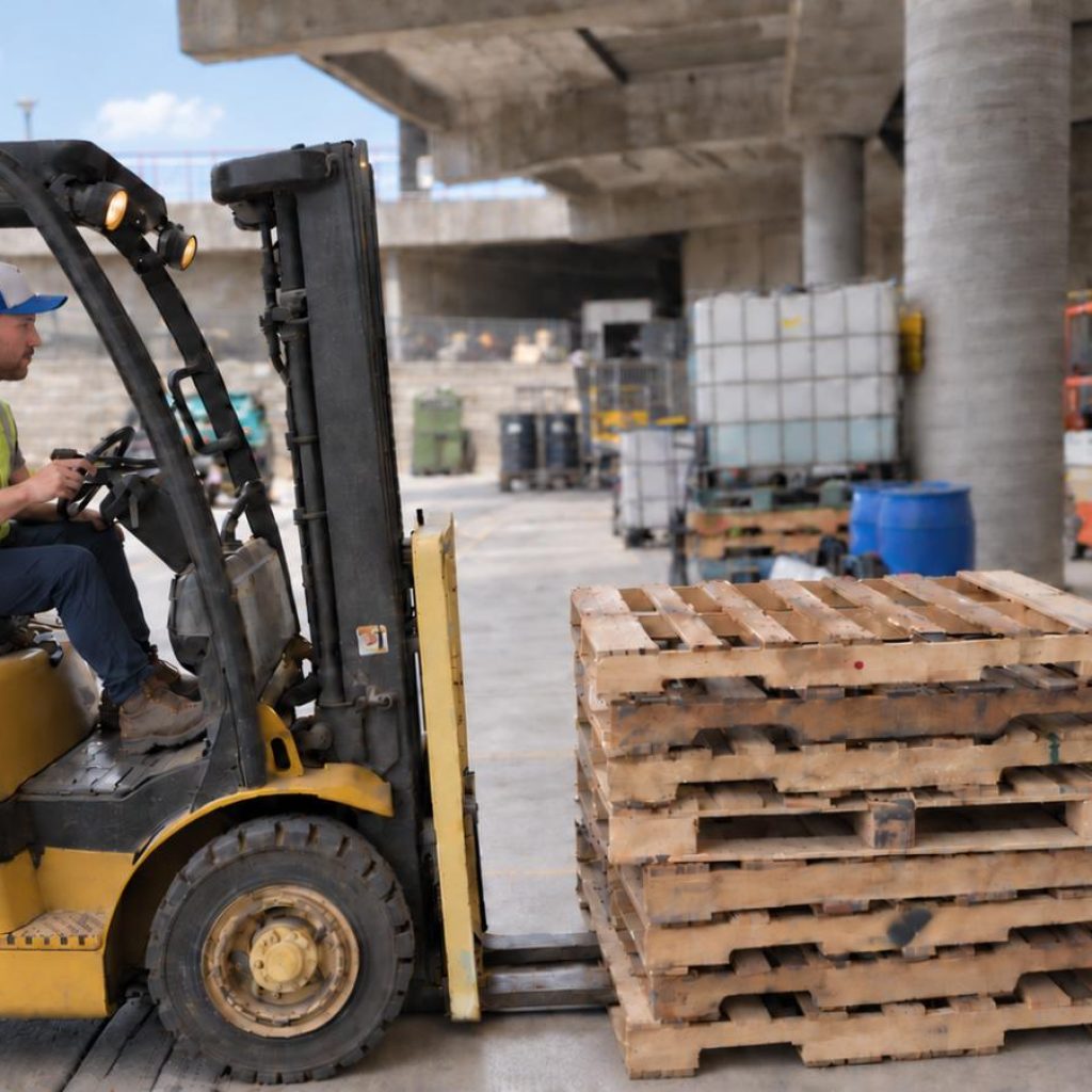 Forklift operator wearing a hi-vis vest and seatbelt during on-site forklift training in Winnipeg