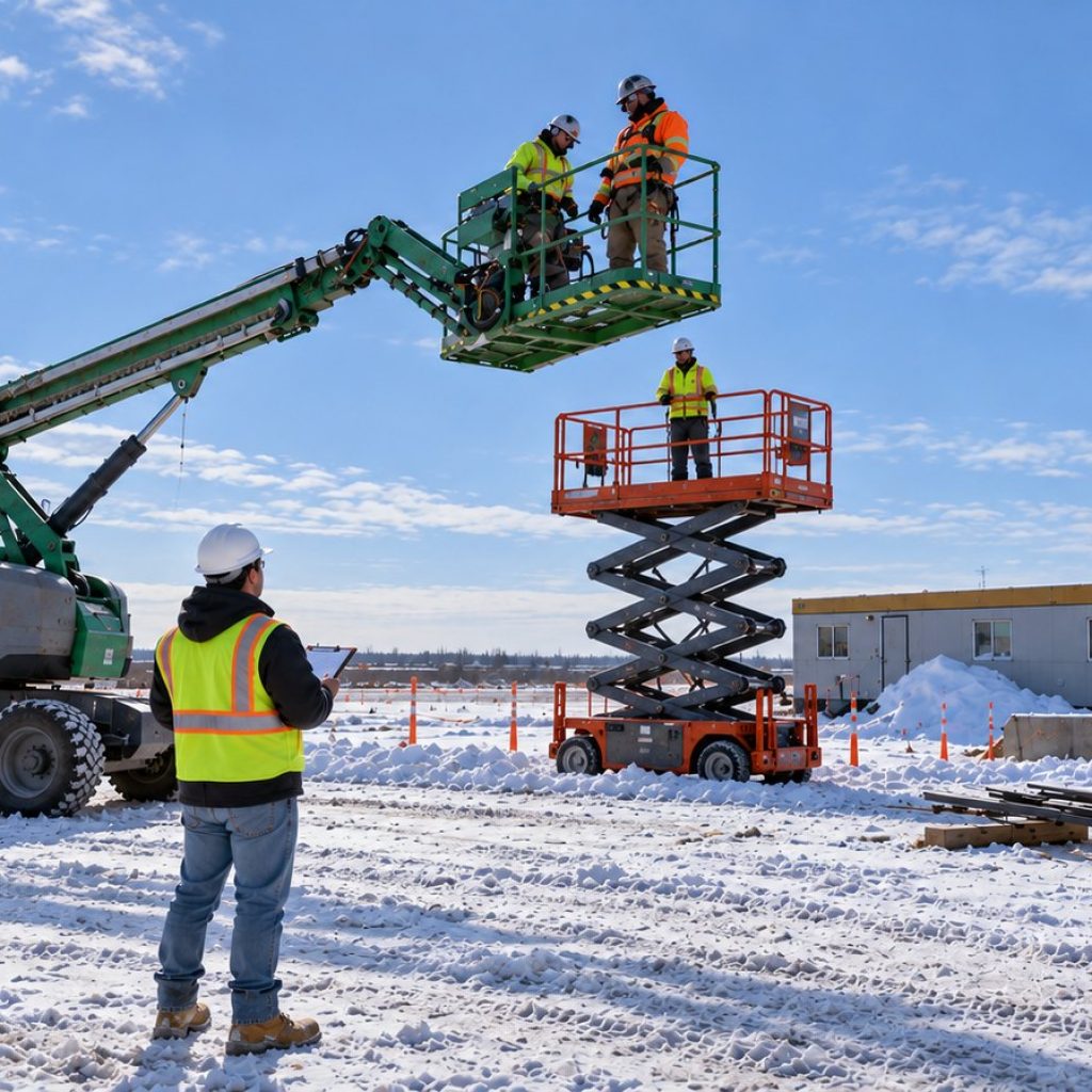 Onsite trainer with a clipboard evaluating operators in a raised boom lift basket and a scissor lift platform during aerial lifts certification on a Manitoba job site