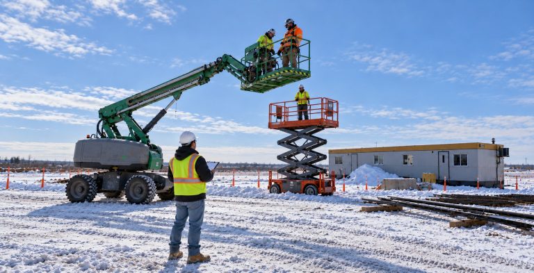 Onsite trainer with a clipboard evaluating operators in a raised boom lift basket and a scissor lift platform during aerial lifts certification on a Manitoba job site